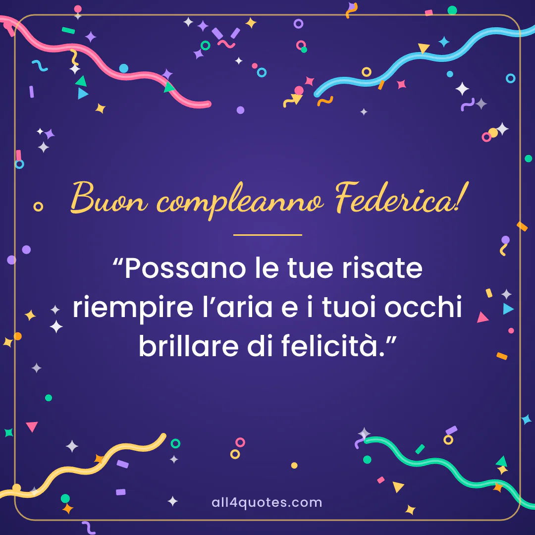 Biglietto di auguri per Federica con coriandoli su sfondo viola: «Possano le tue risate riempire l’aria e i tuoi occhi brillare di felicità.»