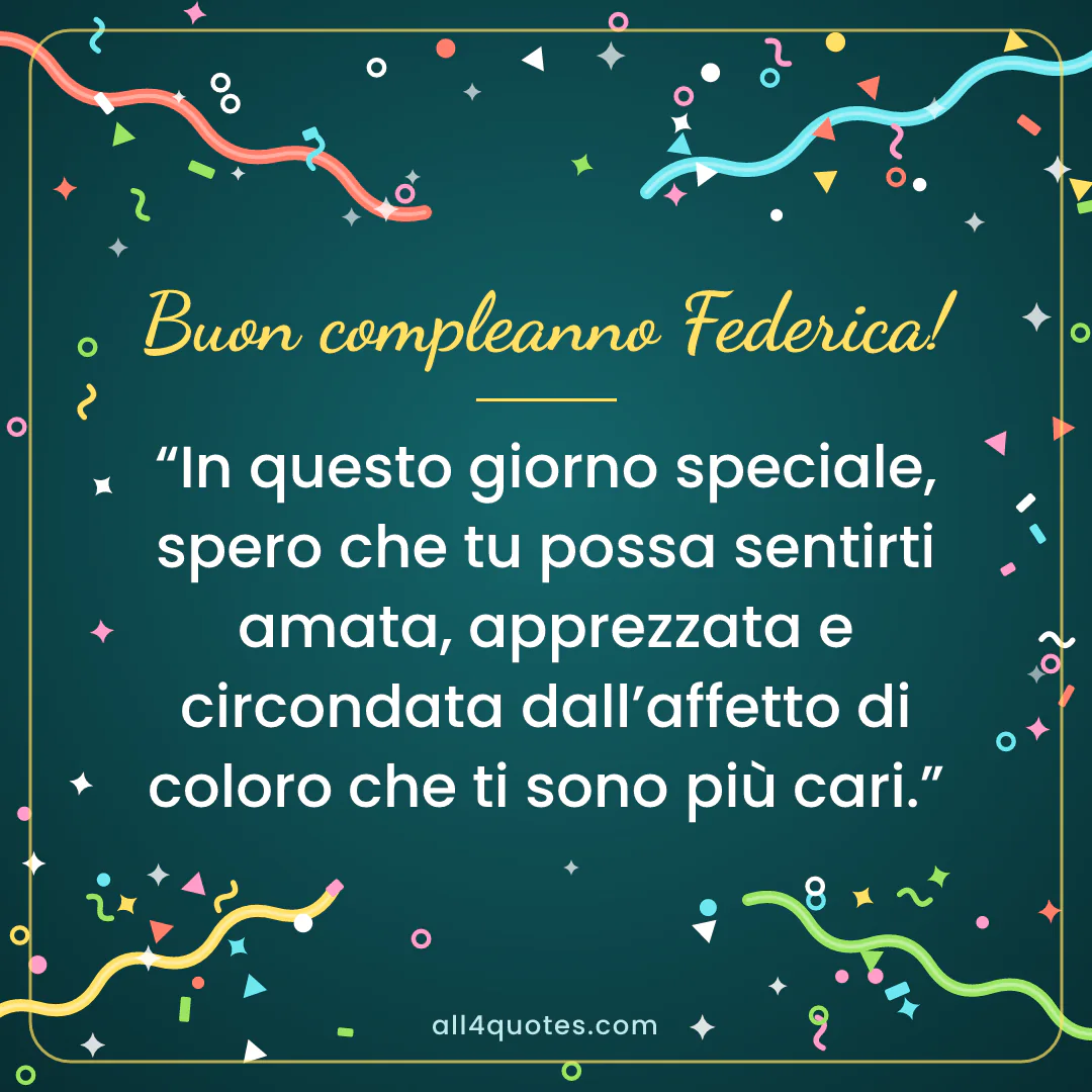 Biglietto di auguri per Federica con coriandoli su sfondo verde petrolio: «In questo giorno speciale, spero che tu possa sentirti amata, apprezzata e circondata dall’affetto di coloro che ti sono più cari.»