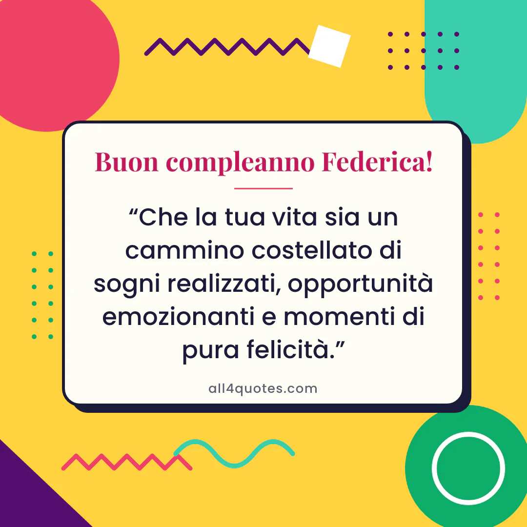 Biglietto di auguri per Federica con forme geometriche gialle: «Che la tua vita sia un cammino costellato di sogni realizzati, opportunità emozionanti e momenti di pura felicità.»