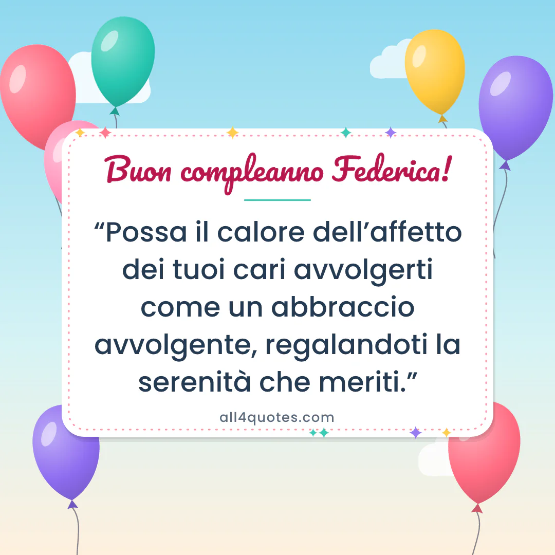 Biglietto di auguri per Federica con palloncini colorati: «Possa il calore dell’affetto dei tuoi cari avvolgerti come un abbraccio avvolgente, regalandoti la serenità che meriti.»