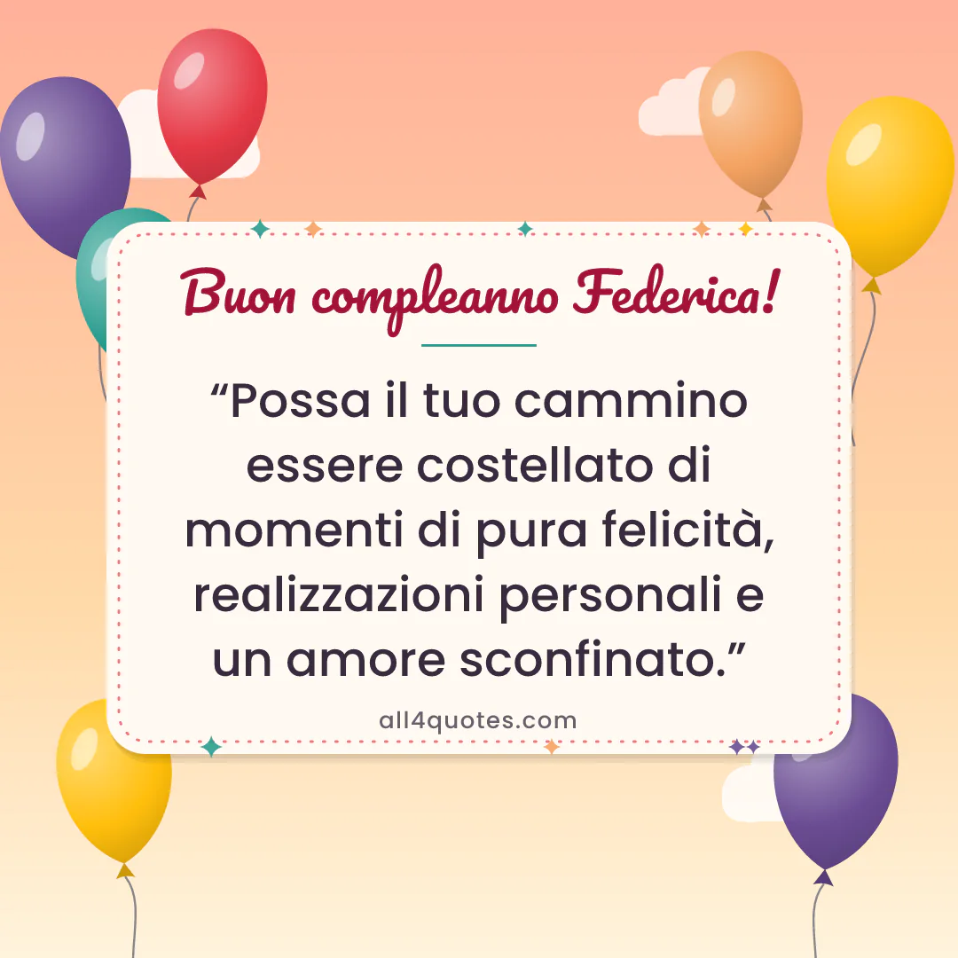 Biglietto di auguri per Federica con palloncini colorati al tramonto: «Possa il tuo cammino essere costellato di momenti di pura felicità, realizzazioni personali e un amore sconfinato.»