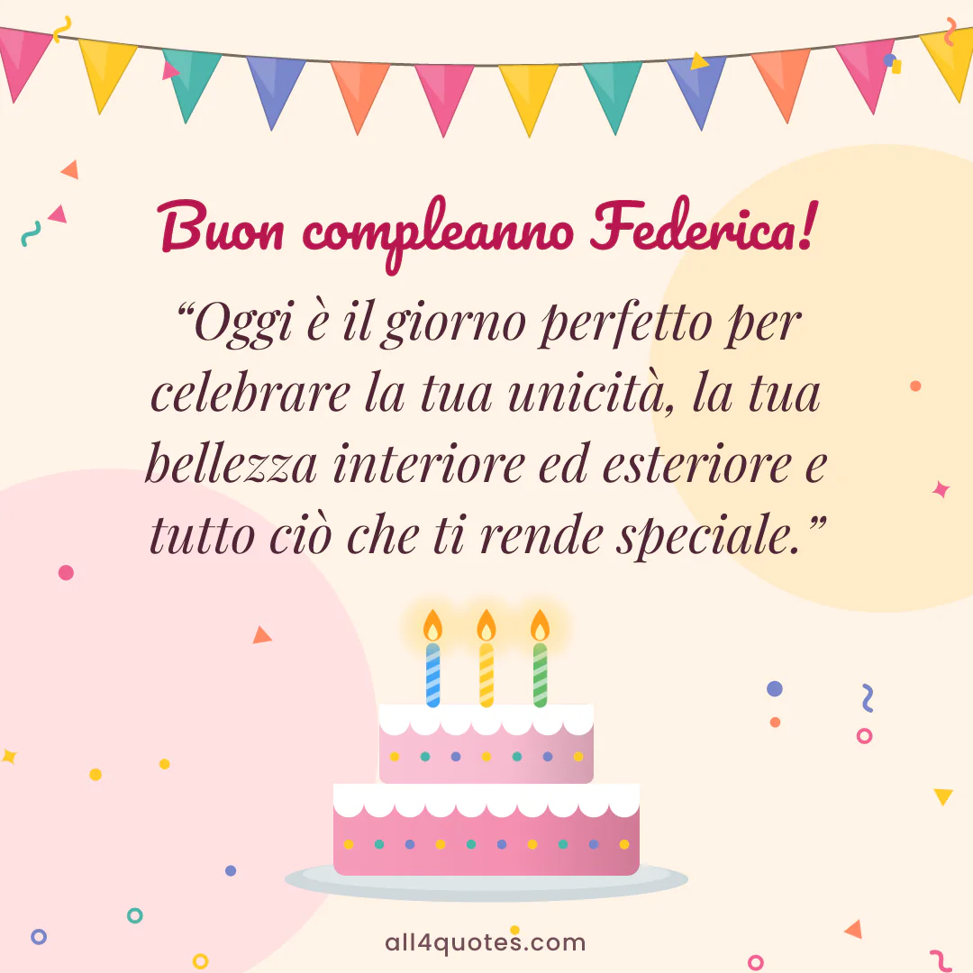 Biglietto di auguri per Federica con torta con candeline: «Oggi è il giorno perfetto per celebrare la tua unicità, la tua bellezza interiore ed esteriore e tutto ciò che ti rende speciale.»