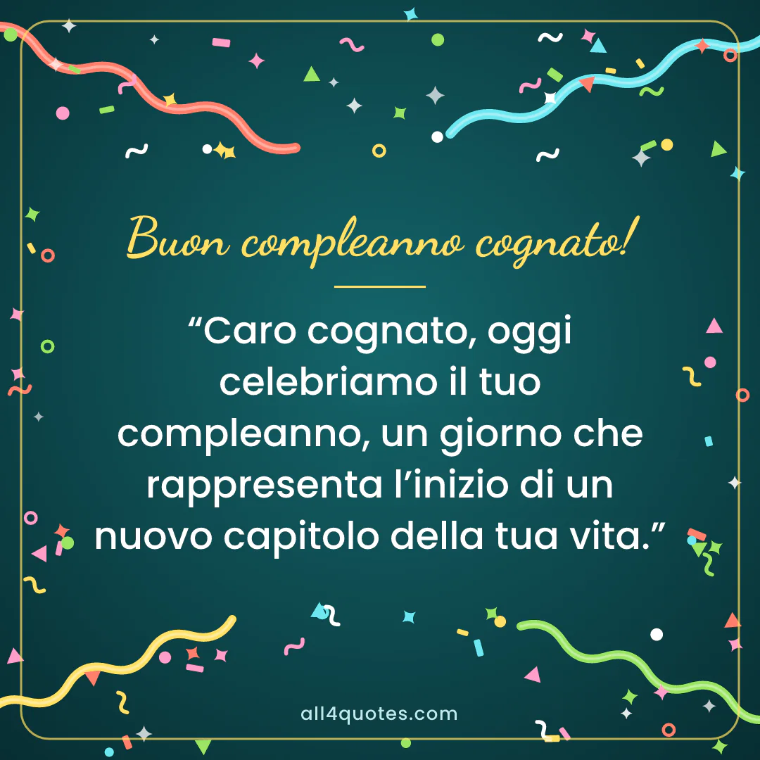 Biglietto di auguri per un cognato con coriandoli su sfondo verde petrolio: «Caro cognato, oggi celebriamo il tuo compleanno, un giorno che rappresenta l’inizio di un nuovo capitolo della tua vita.»