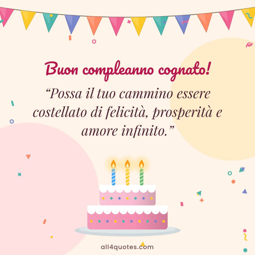 Biglietto di auguri per un cognato con torta con candeline: «Possa il tuo cammino essere costellato di felicità, prosperità e amore infinito.»
