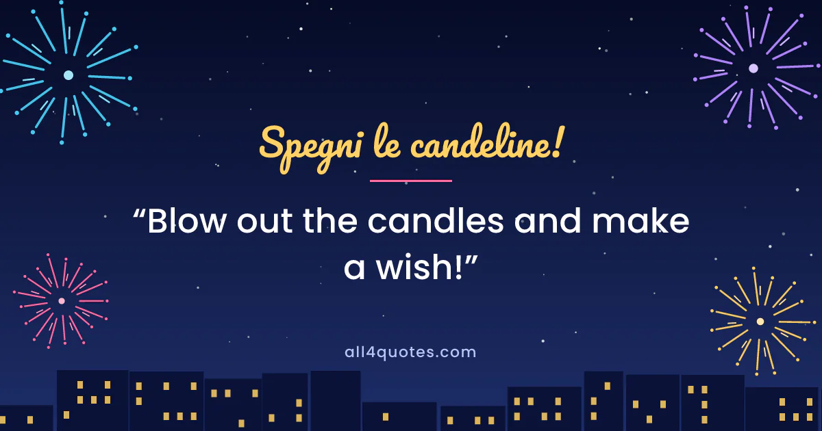 Fireworks card that reads “Spegni le candeline!”, meaning “blow out the candles”