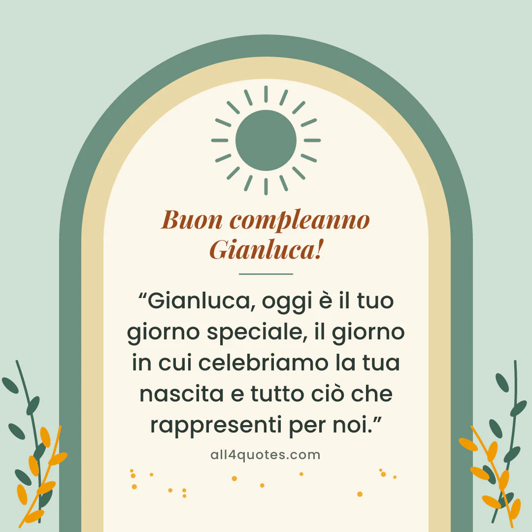 Biglietto di auguri per Gianluca con archi verde salvia e foglie: «Gianluca, oggi è il tuo giorno speciale, il giorno in cui celebriamo la tua nascita e tutto ciò che rappresenti per noi.»