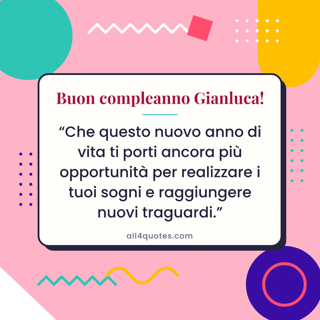 Biglietto di auguri per Gianluca con forme geometriche rosa: «Che questo nuovo anno di vita ti porti ancora più opportunità per realizzare i tuoi sogni e raggiungere nuovi traguardi.»