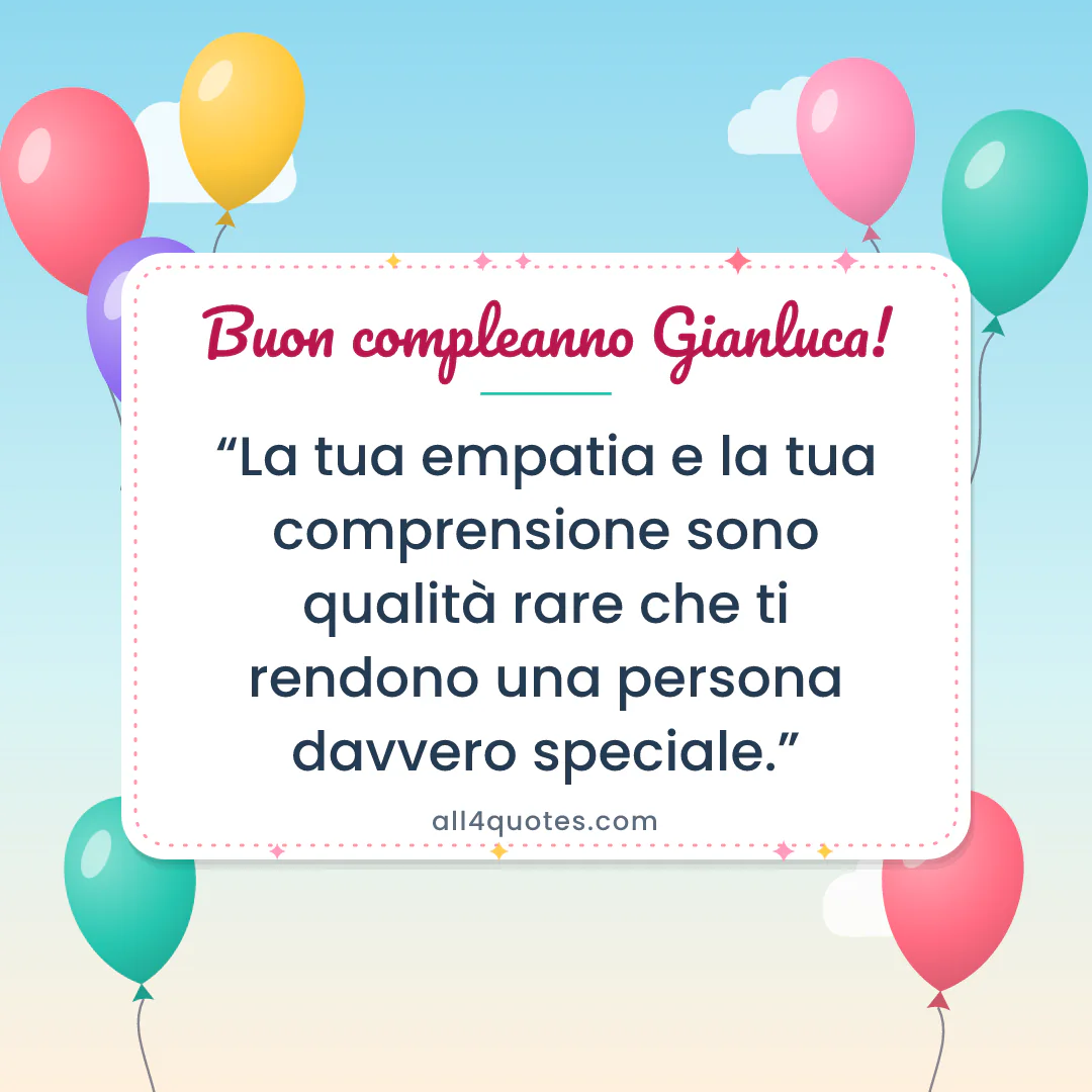 Biglietto di auguri per Gianluca con palloncini colorati: «La tua empatia e la tua comprensione sono qualità rare che ti rendono una persona davvero speciale.»