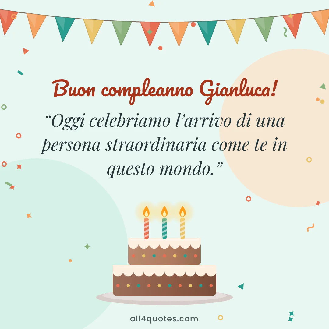 Biglietto di auguri per Gianluca con torta al cioccolato con candeline: «Oggi celebriamo l’arrivo di una persona straordinaria come te in questo mondo.»