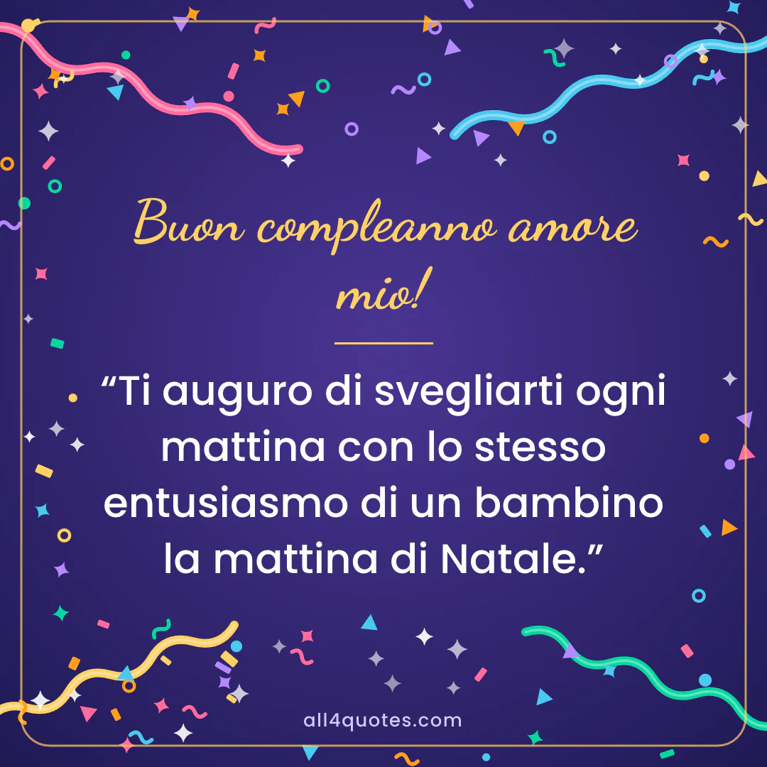 Biglietto di auguri per il tuo lui con coriandoli su sfondo viola: «Ti auguro di svegliarti ogni mattina con lo stesso entusiasmo di un bambino la mattina di Natale.»