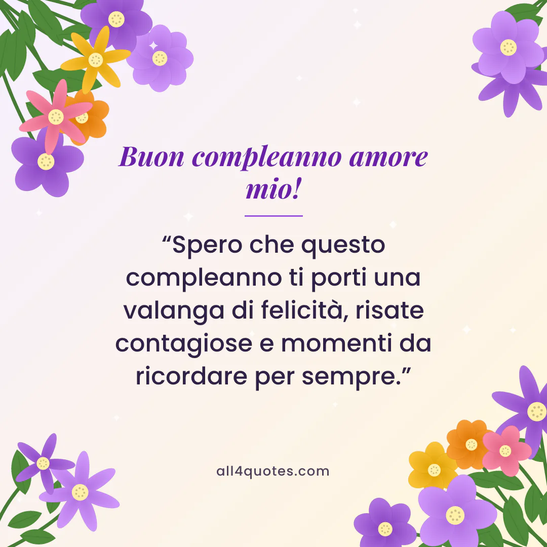 Biglietto di auguri per il tuo lui con fiori viola e arancioni: «Spero che questo compleanno ti porti una valanga di felicità, risate contagiose e momenti da ricordare per sempre.»