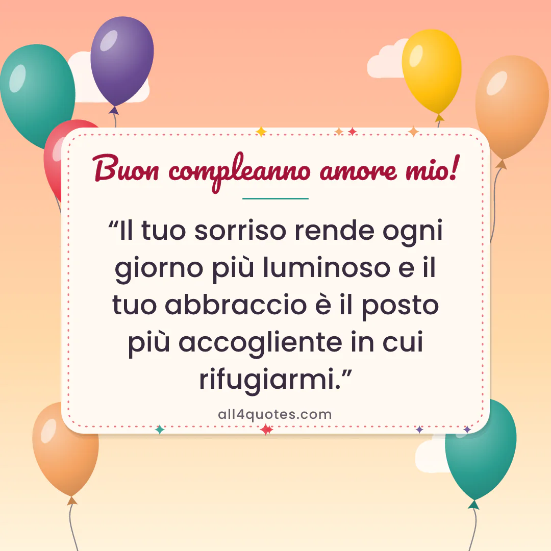 Biglietto di auguri per il tuo lui con palloncini colorati al tramonto: «Il tuo sorriso rende ogni giorno più luminoso e il tuo abbraccio è il posto più accogliente in cui rifugiarmi.»