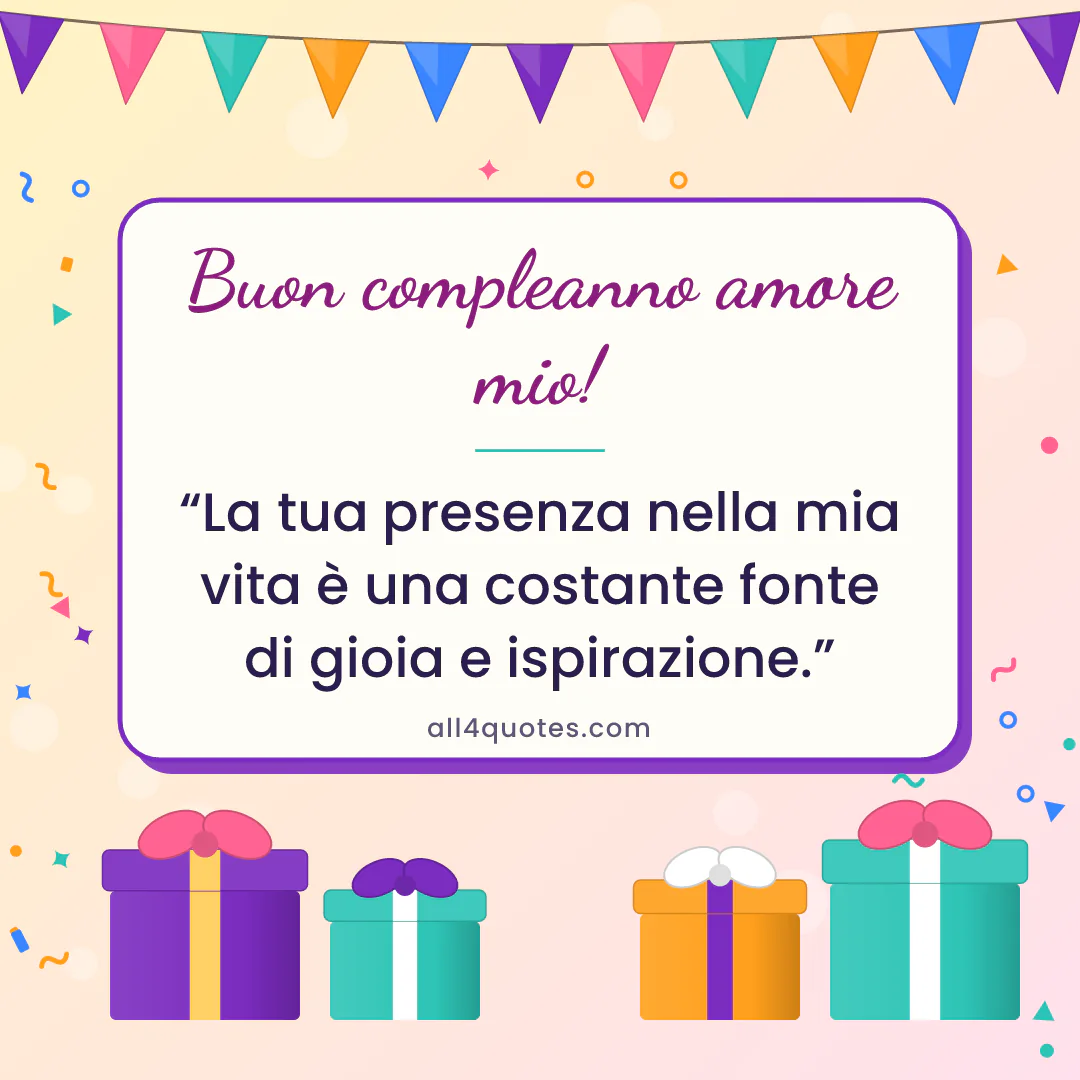 Biglietto di auguri per il tuo lui con pacchi regalo viola e arancio: «La tua presenza nella mia vita è una costante fonte di gioia e ispirazione.»