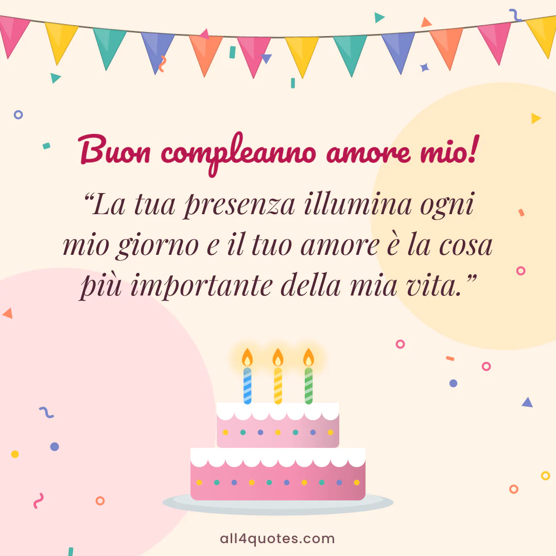 Biglietto di auguri per il tuo lui con torta con candeline: «La tua presenza illumina ogni mio giorno e il tuo amore è la cosa più importante della mia vita.»
