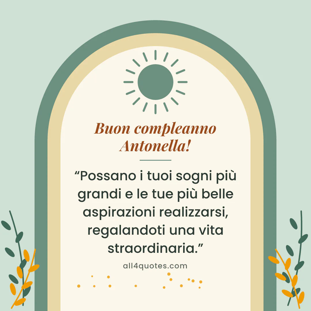 Biglietto di auguri per Antonella con archi verde salvia e foglie: «Possano i tuoi sogni più grandi e le tue più belle aspirazioni realizzarsi, regalandoti una vita straordinaria.»