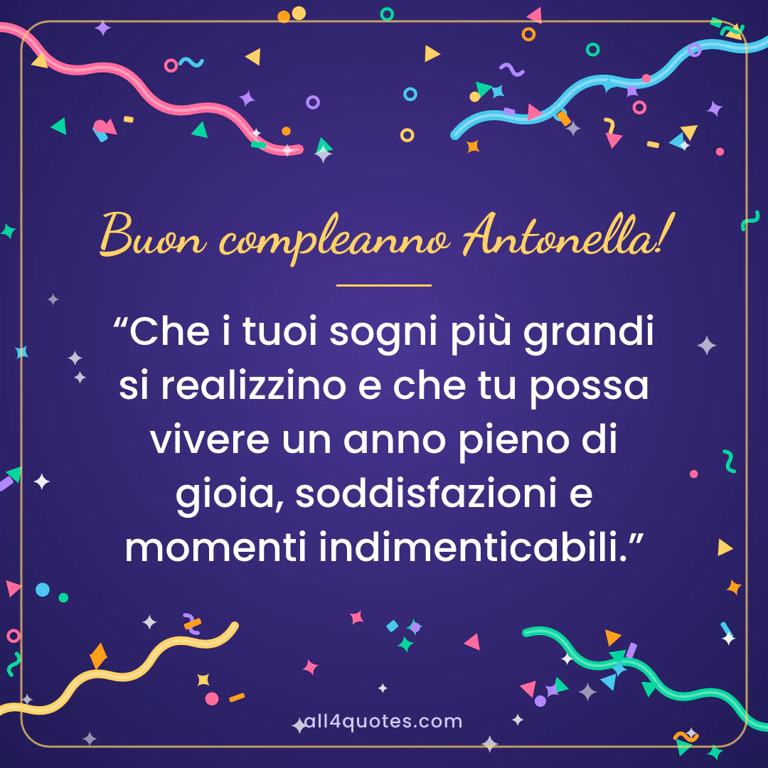 Biglietto di auguri per Antonella con coriandoli su sfondo viola: «Che i tuoi sogni più grandi si realizzino e che tu possa vivere un anno pieno di gioia, soddisfazioni e momenti indimenticabili.»