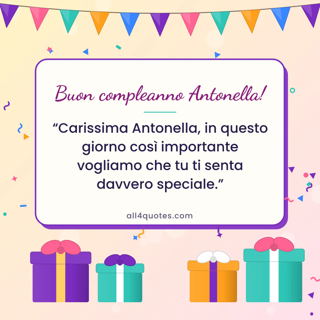 Biglietto di auguri per Antonella con pacchi regalo viola e arancio: «Carissima Antonella, in questo giorno così importante vogliamo che tu ti senta davvero speciale.»