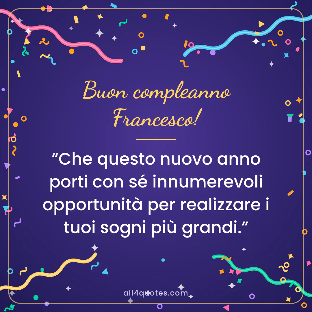 Biglietto di auguri per Francesco con coriandoli su sfondo viola: «Che questo nuovo anno porti con sé innumerevoli opportunità per realizzare i tuoi sogni più grandi.»