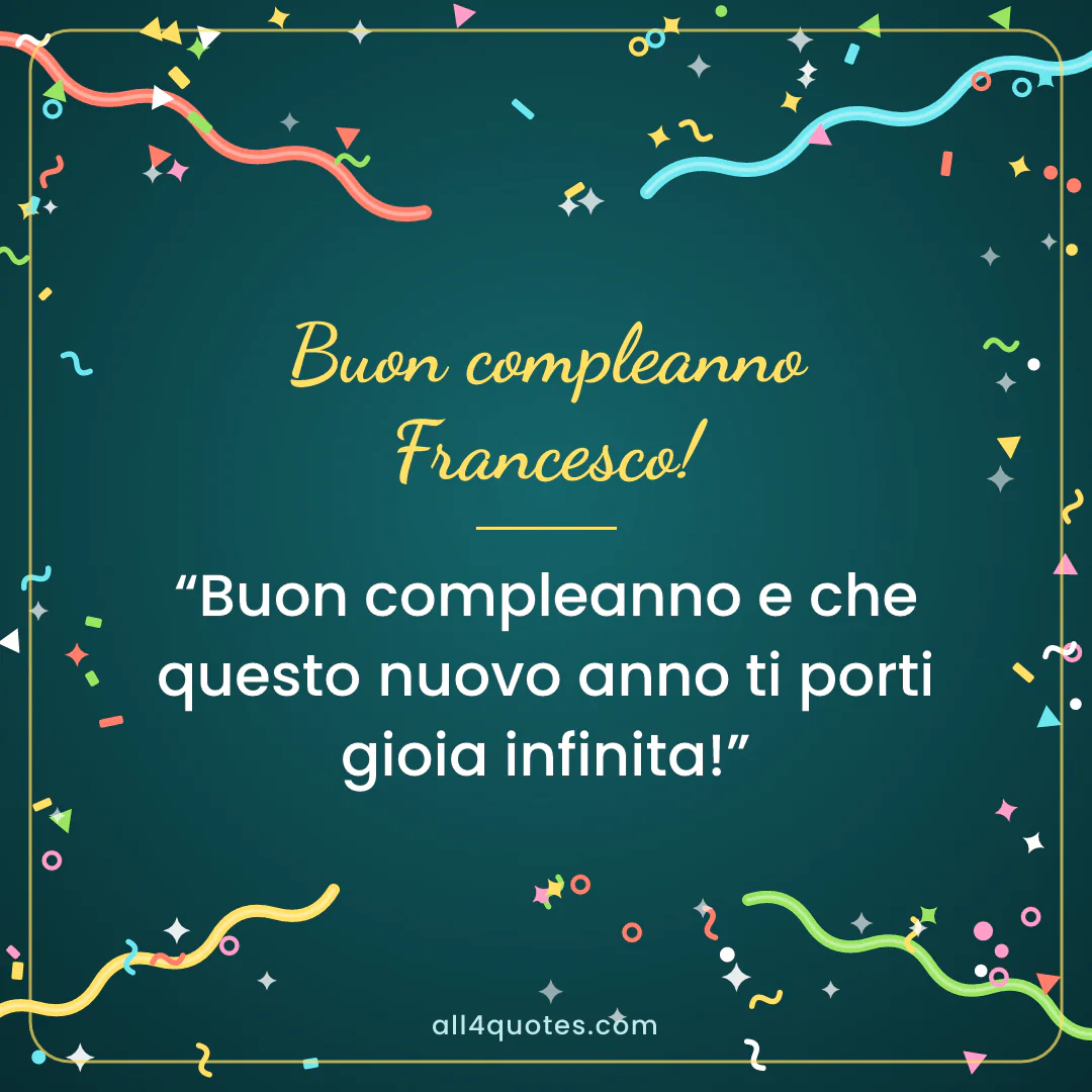 Biglietto di auguri per Francesco con coriandoli su sfondo verde petrolio: «Buon compleanno e che questo nuovo anno ti porti gioia infinita!»