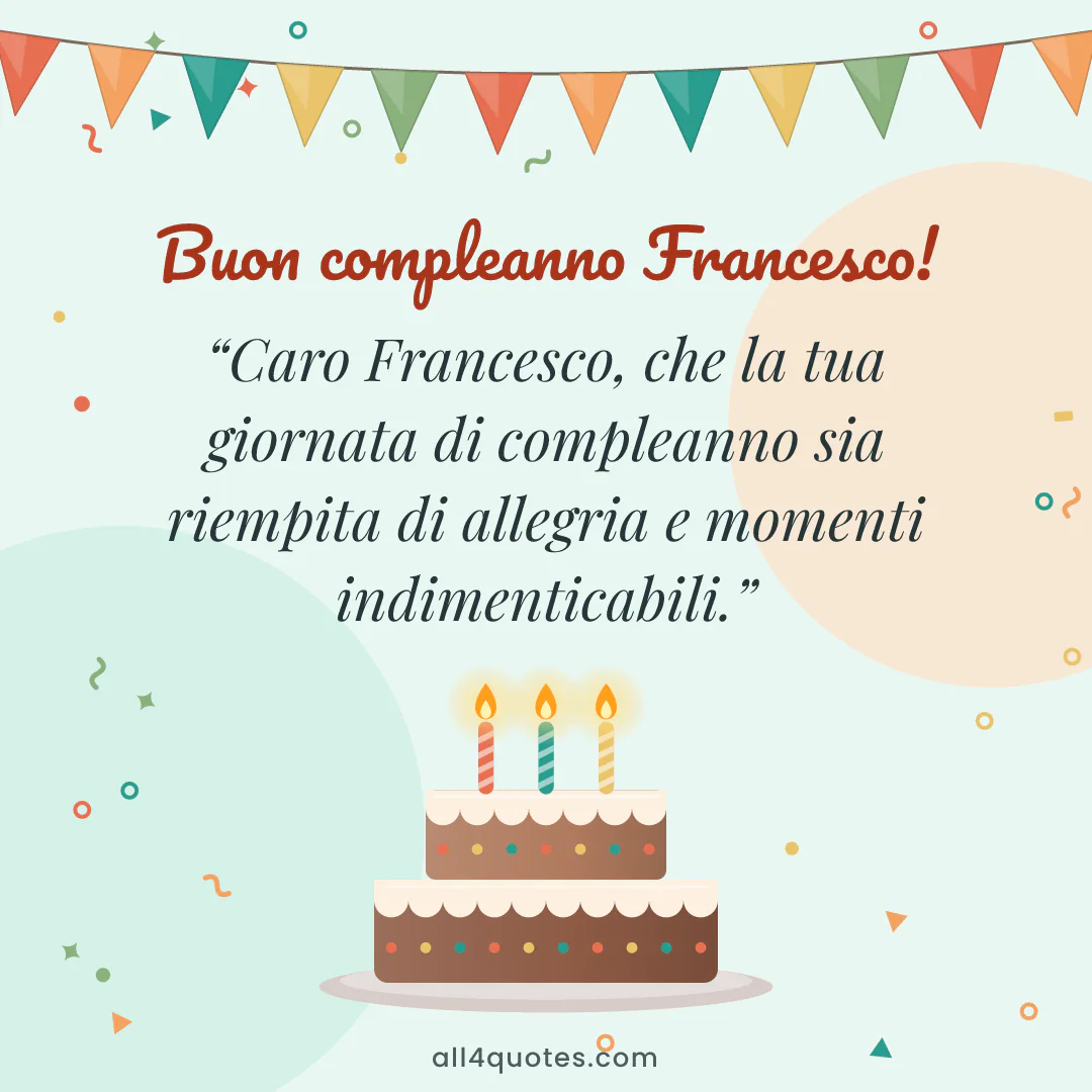 Biglietto di auguri per Francesco con torta al cioccolato con candeline: «Caro Francesco, che la tua giornata di compleanno sia riempita di allegria e momenti indimenticabili.»