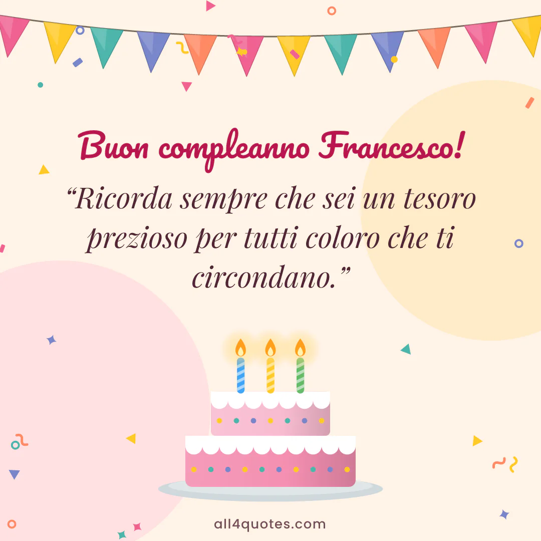 Biglietto di auguri per Francesco con torta con candeline: «Ricorda sempre che sei un tesoro prezioso per tutti coloro che ti circondano.»