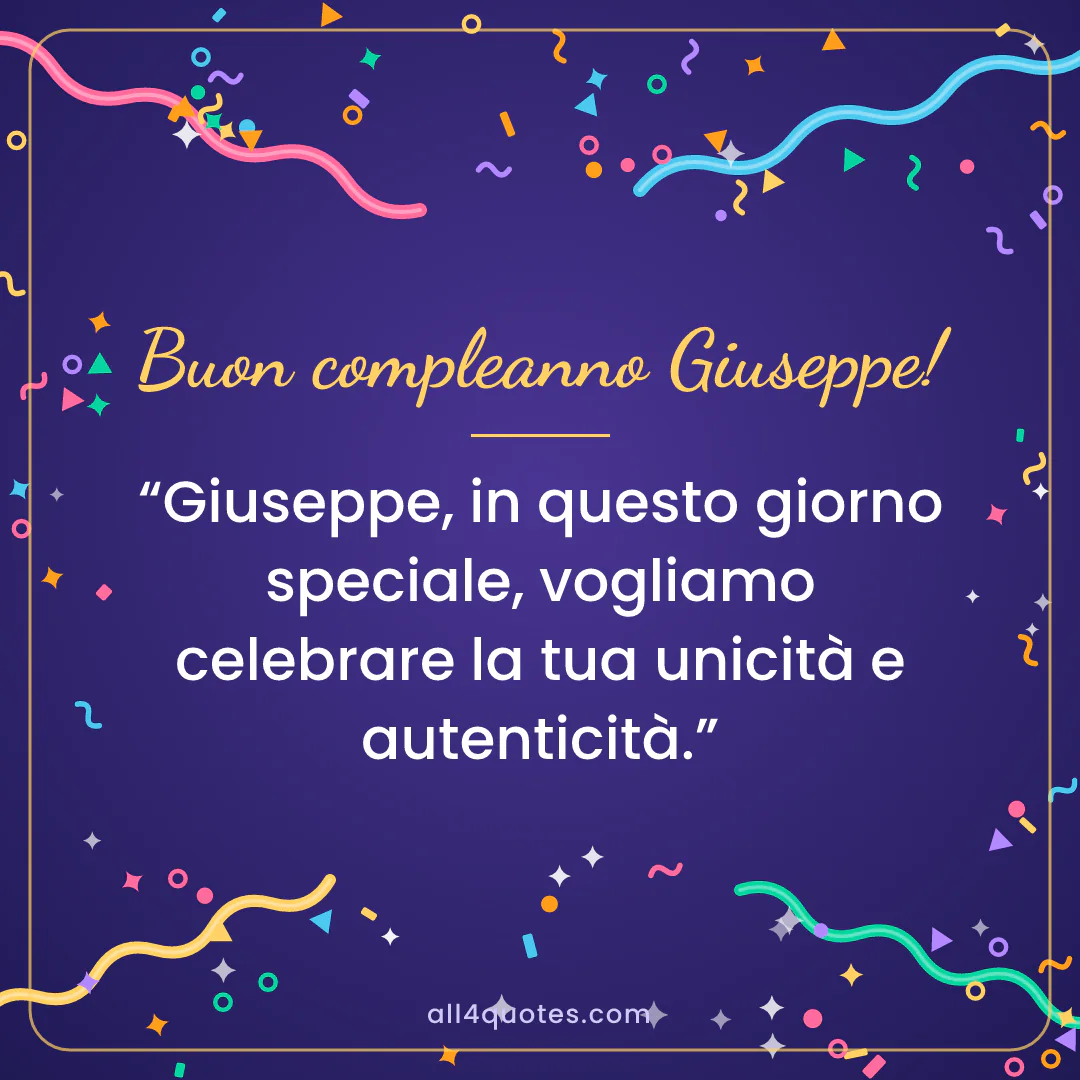 Biglietto di auguri per Giuseppe con coriandoli su sfondo viola: «Giuseppe, in questo giorno speciale, vogliamo celebrare la tua unicità e autenticità.»