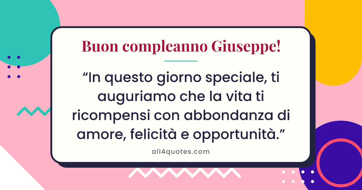 Biglietto di auguri per Giuseppe con forme geometriche rosa: «In questo giorno speciale, ti auguriamo che la vita ti ricompensi con abbondanza di amore, felicità e opportunità.»