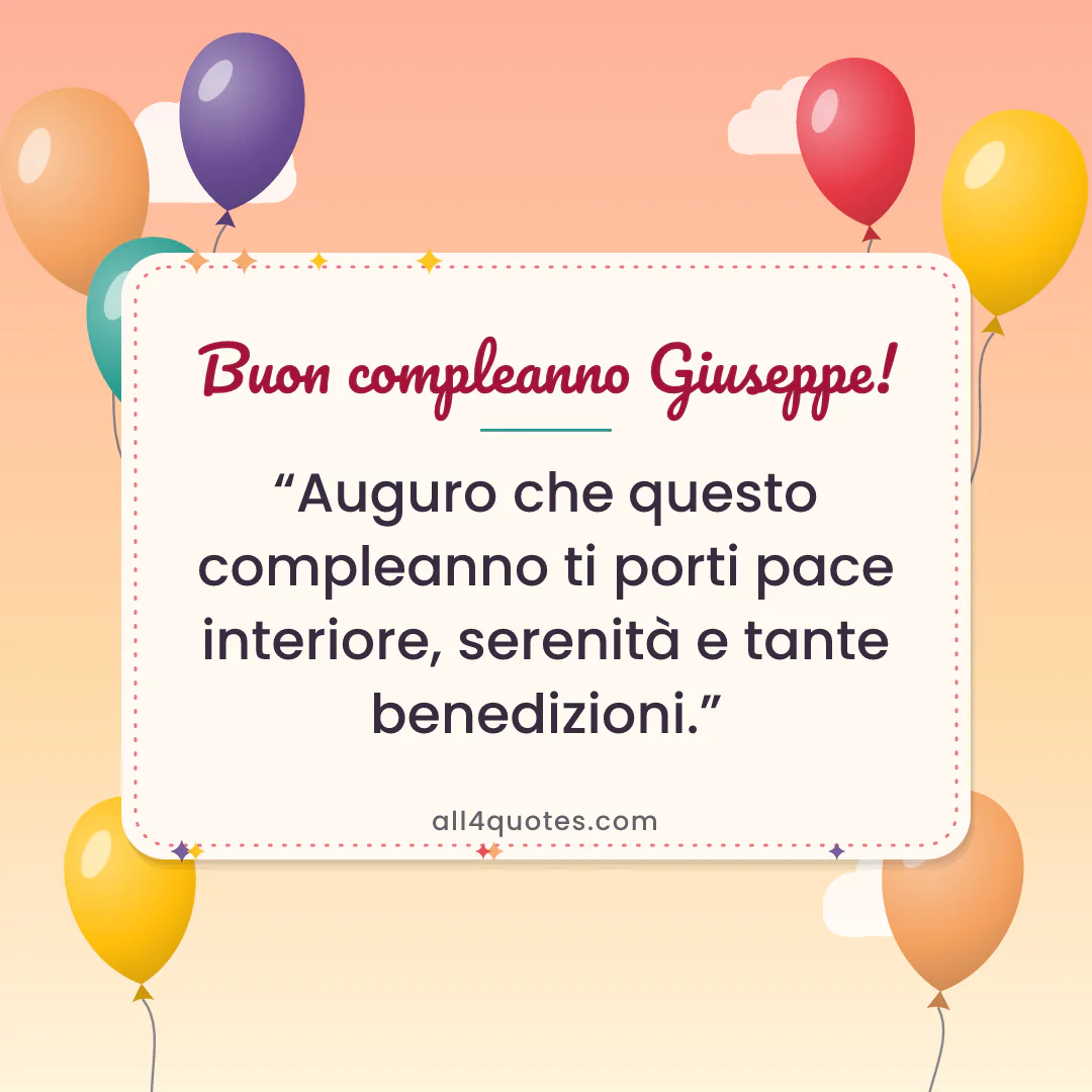 Biglietto di auguri per Giuseppe con palloncini colorati al tramonto: «Auguro che questo compleanno ti porti pace interiore, serenità e tante benedizioni.»