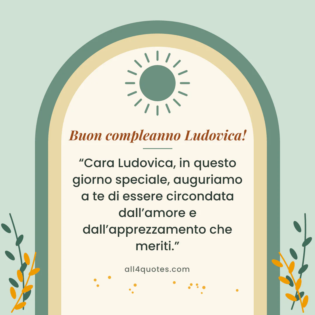 Biglietto di auguri per Ludovica con archi verde salvia e foglie: «Cara Ludovica, in questo giorno speciale, auguriamo a te di essere circondata dall’amore e dall’apprezzamento che meriti.»