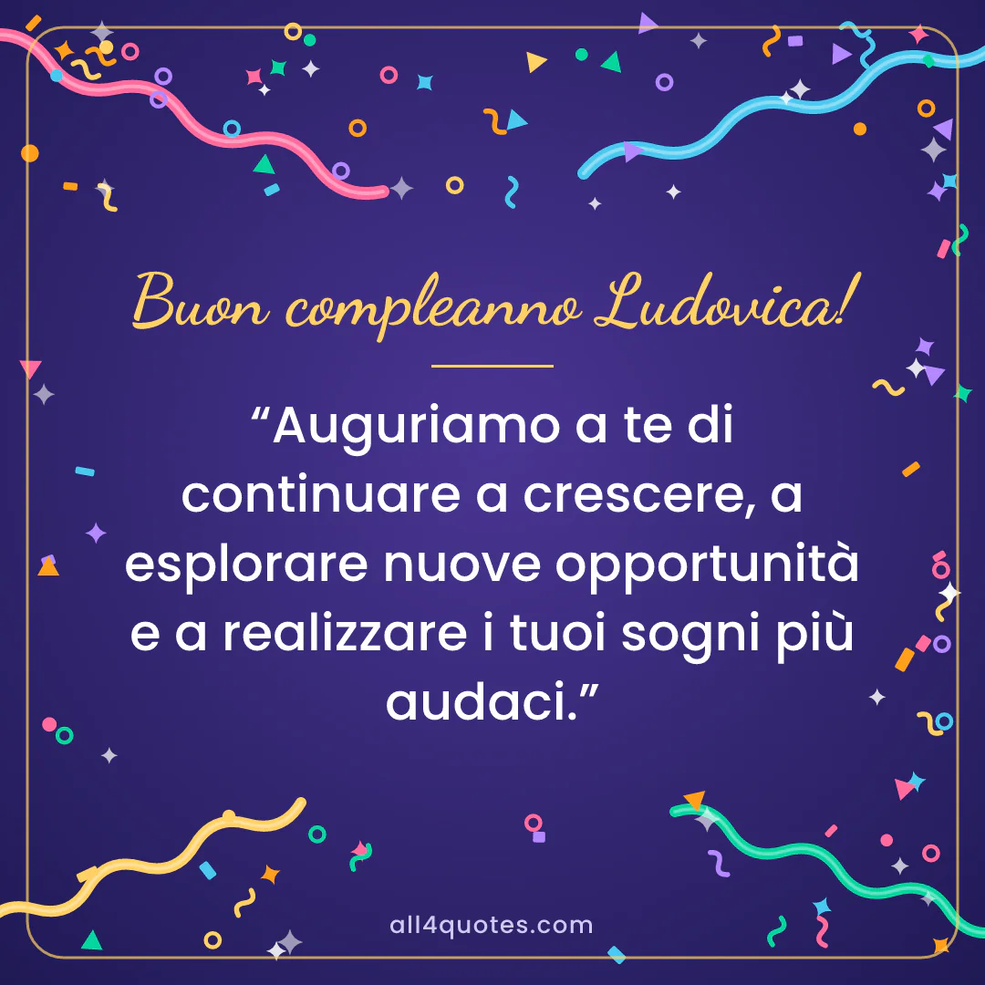 Biglietto di auguri per Ludovica con coriandoli su sfondo viola: «Auguriamo a te di continuare a crescere, a esplorare nuove opportunità e a realizzare i tuoi sogni più audaci.»