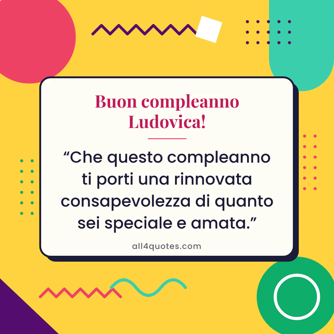 Biglietto di auguri per Ludovica con forme geometriche gialle: «Che questo compleanno ti porti una rinnovata consapevolezza di quanto sei speciale e amata.»