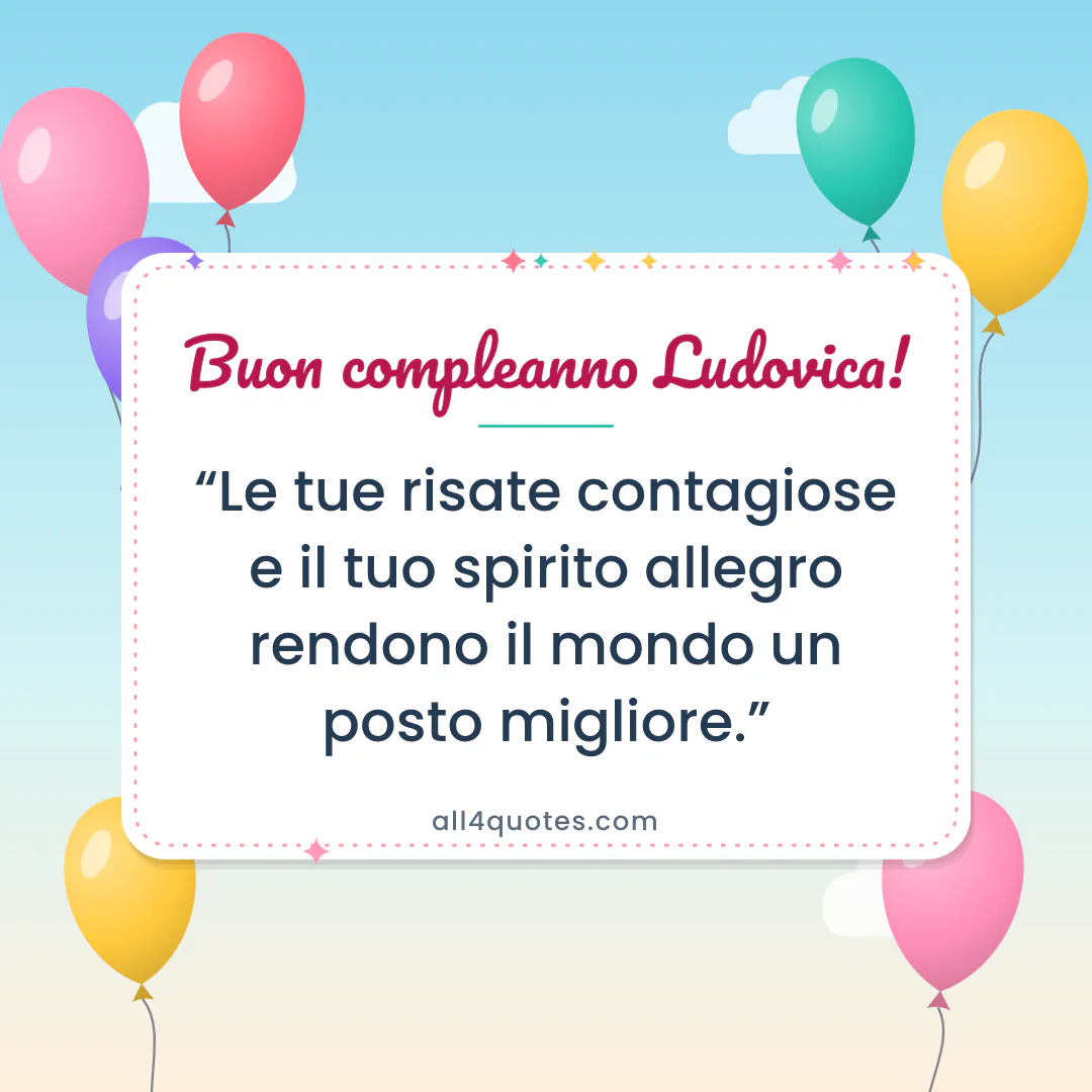 Biglietto di auguri per Ludovica con palloncini colorati: «Le tue risate contagiose e il tuo spirito allegro rendono il mondo un posto migliore.»