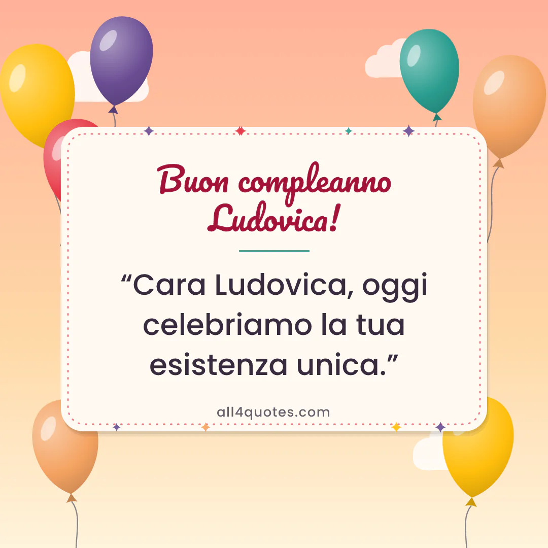 Biglietto di auguri per Ludovica con palloncini colorati al tramonto: «Cara Ludovica, oggi celebriamo la tua esistenza unica.»