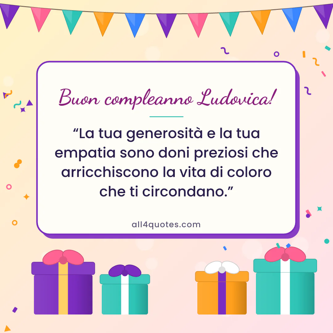 Biglietto di auguri per Ludovica con pacchi regalo viola e arancio: «La tua generosità e la tua empatia sono doni preziosi che arricchiscono la vita di coloro che ti circondano.»