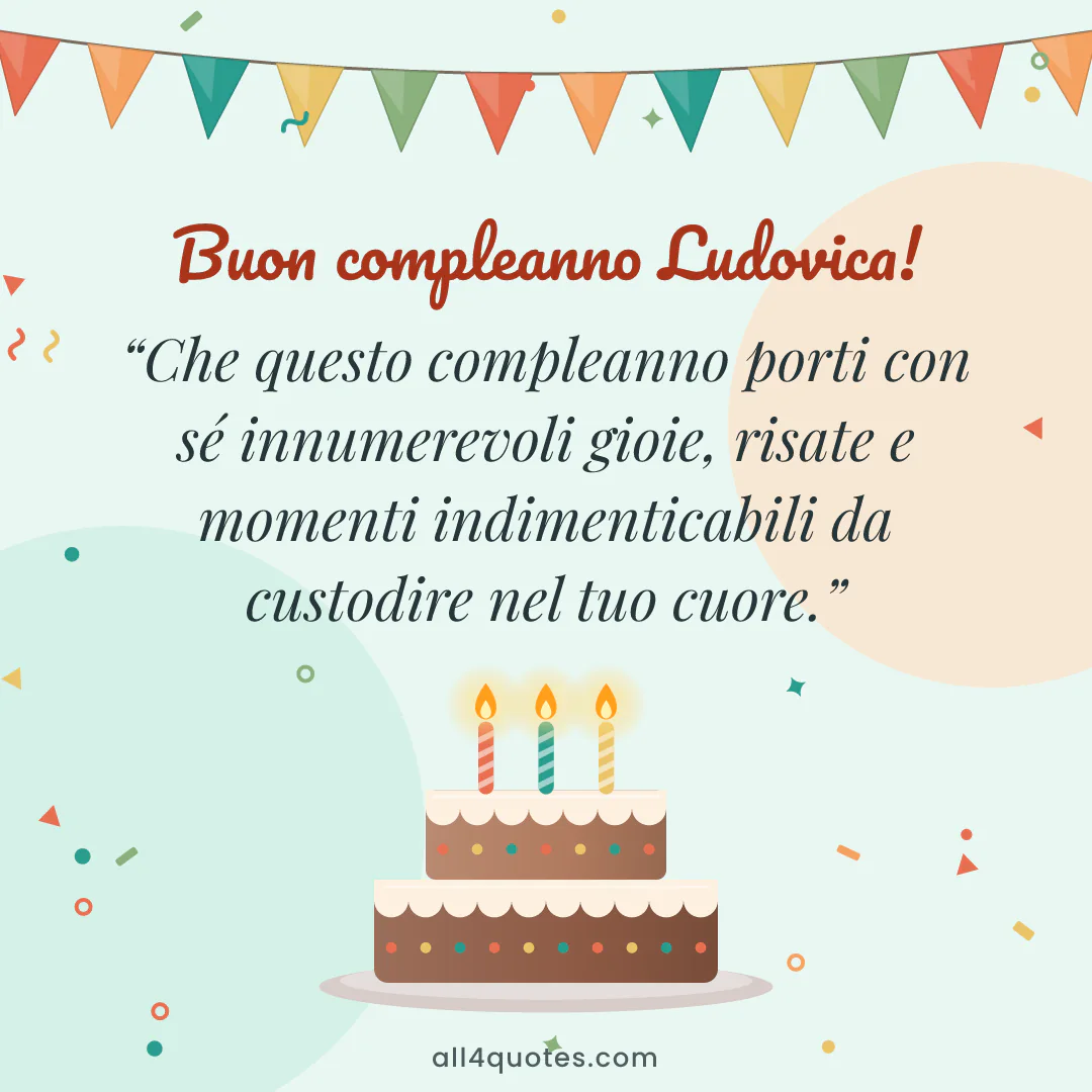 Biglietto di auguri per Ludovica con torta al cioccolato con candeline: «Che questo compleanno porti con sé innumerevoli gioie, risate e momenti indimenticabili da custodire nel tuo cuore.»