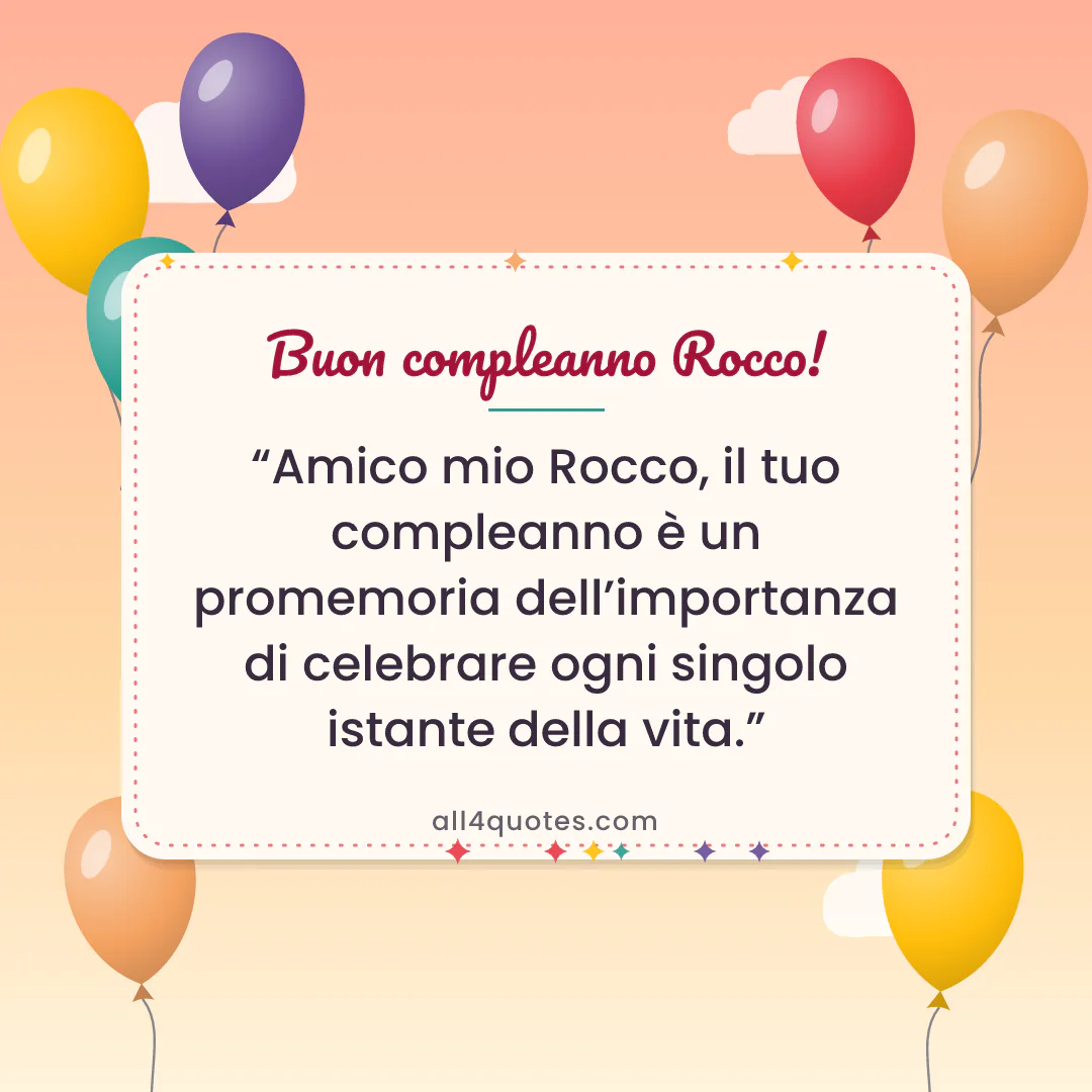 Biglietto di auguri per Rocco con palloncini colorati al tramonto: «Amico mio Rocco, il tuo compleanno è un promemoria dell’importanza di celebrare ogni singolo istante della vita.»