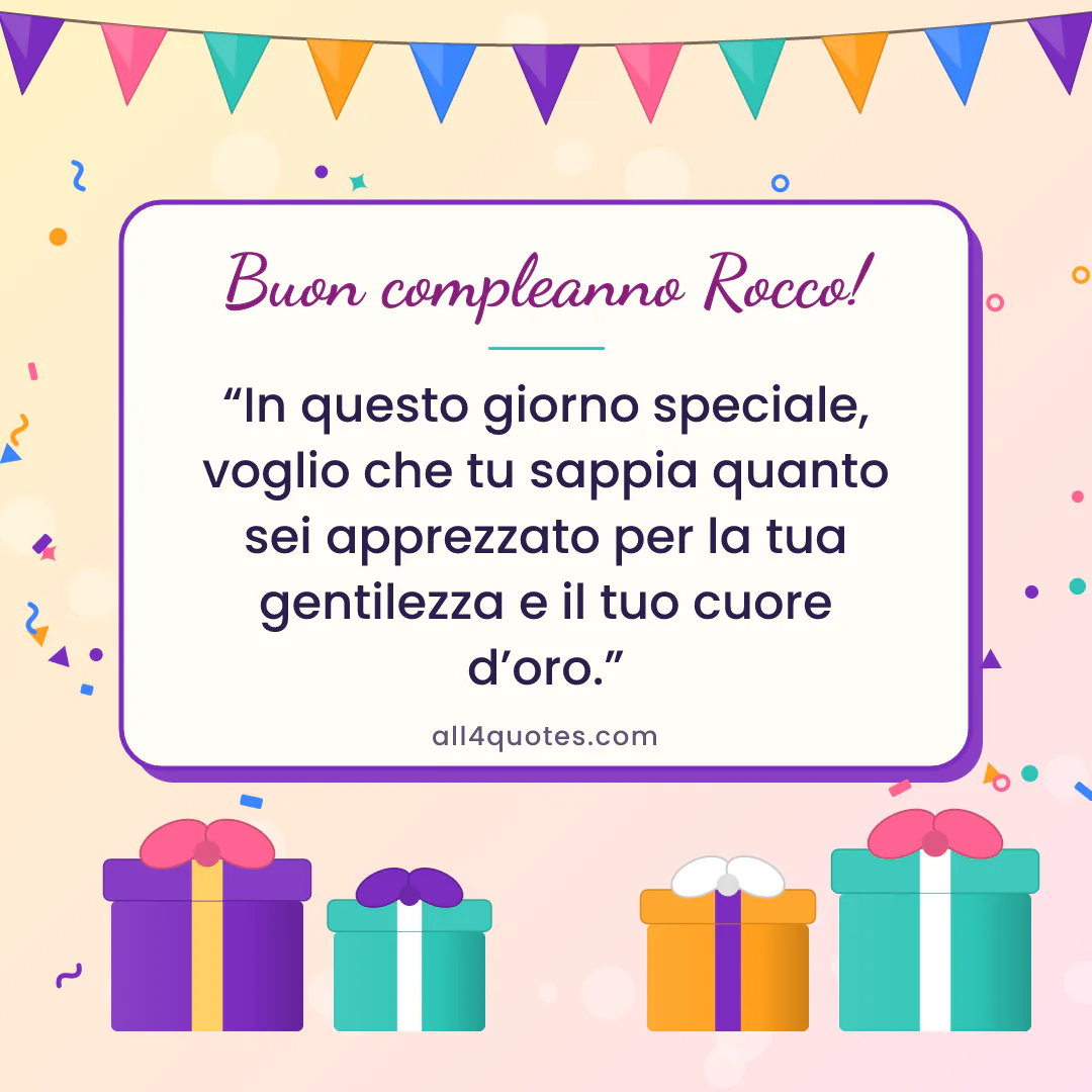 Biglietto di auguri per Rocco con pacchi regalo viola e arancio: «In questo giorno speciale, voglio che tu sappia quanto sei apprezzato per la tua gentilezza e il tuo cuore d’oro.»
