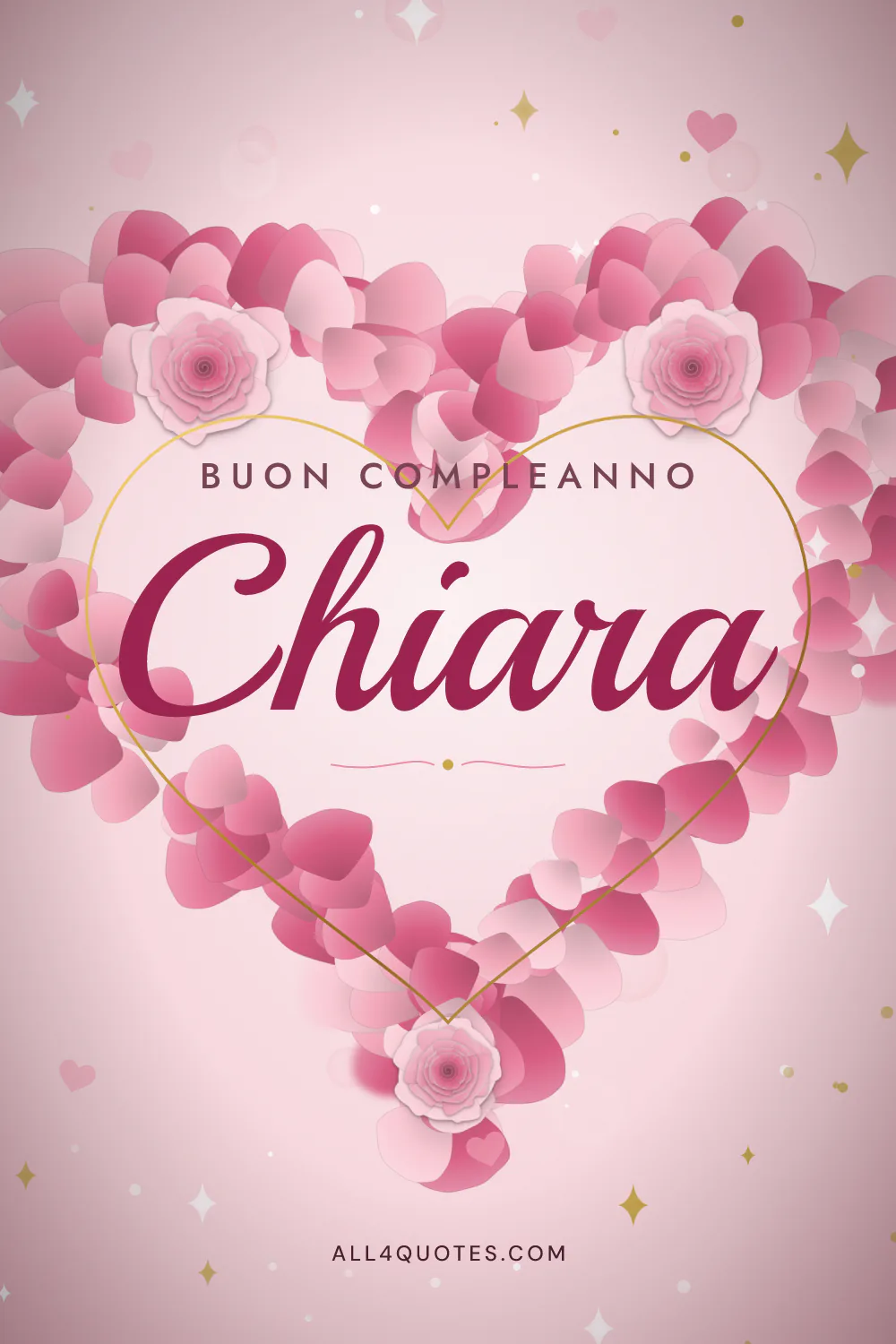 Biglietto di buon compleanno per Chiara con un cuore fatto di petali di rosa su sfondo rosa