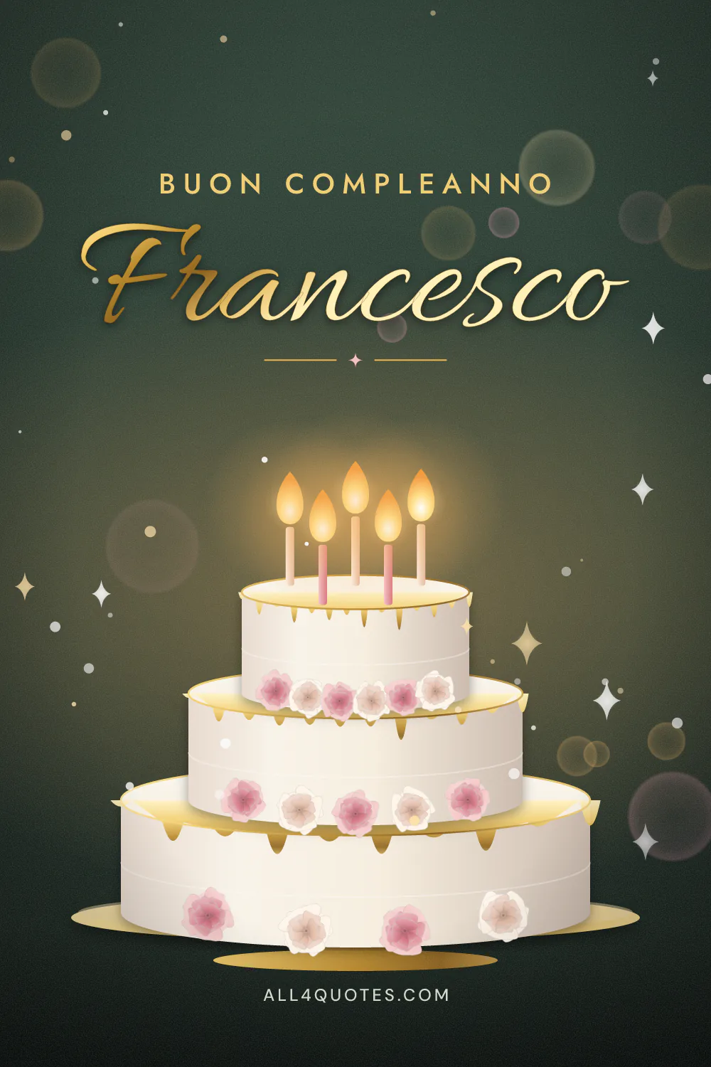 Biglietto di buon compleanno per Francesco con una torta bianca a tre piani, candeline accese e fiorellini rosa su fondo verde scuro