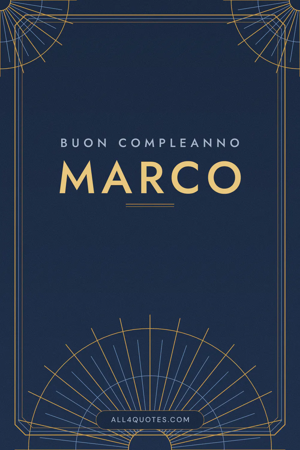 Biglietto di buon compleanno per Marco, stile art déco con raggi dorati su sfondo blu notte
