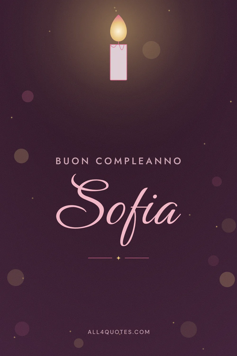 Biglietto di buon compleanno per Sofia con una candela accesa su sfondo viola scuro, nome in corsivo rosa