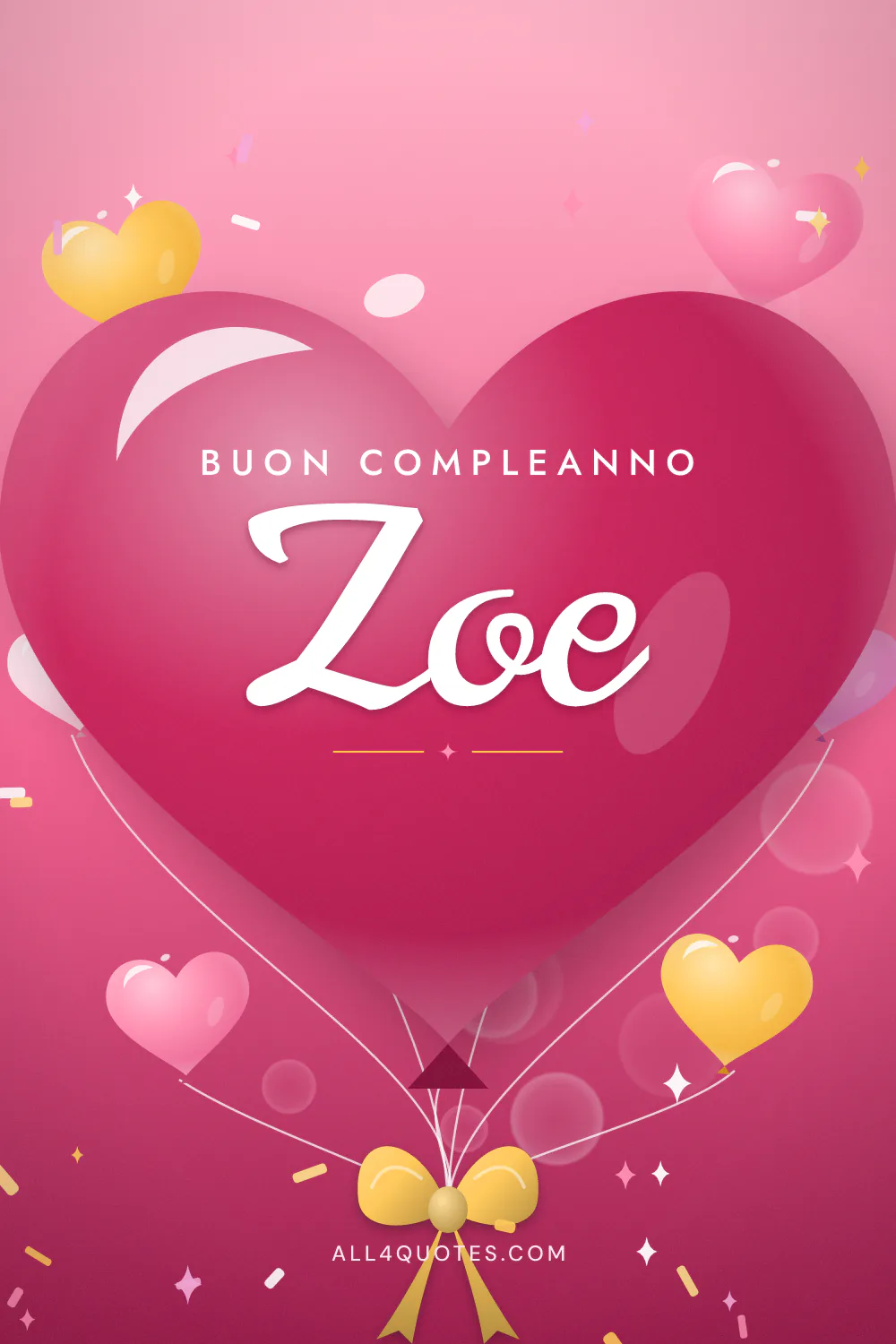 Biglietto di buon compleanno per Zoe con un grande palloncino a forma di cuore rosa fucsia e cuoricini dorati, nome in bianco